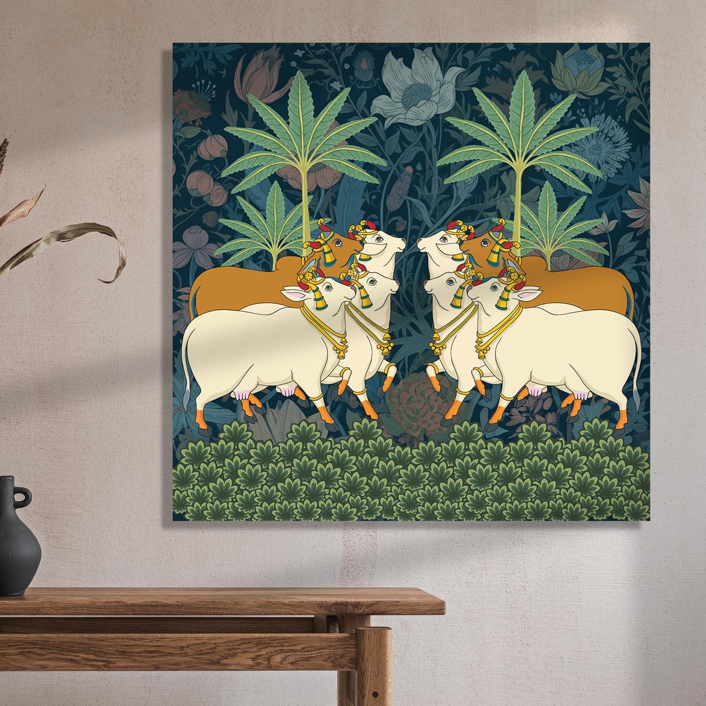 Traditional Indian Vibrant Pichwai Art Canvas Print with Holy Cow for Wall Decor