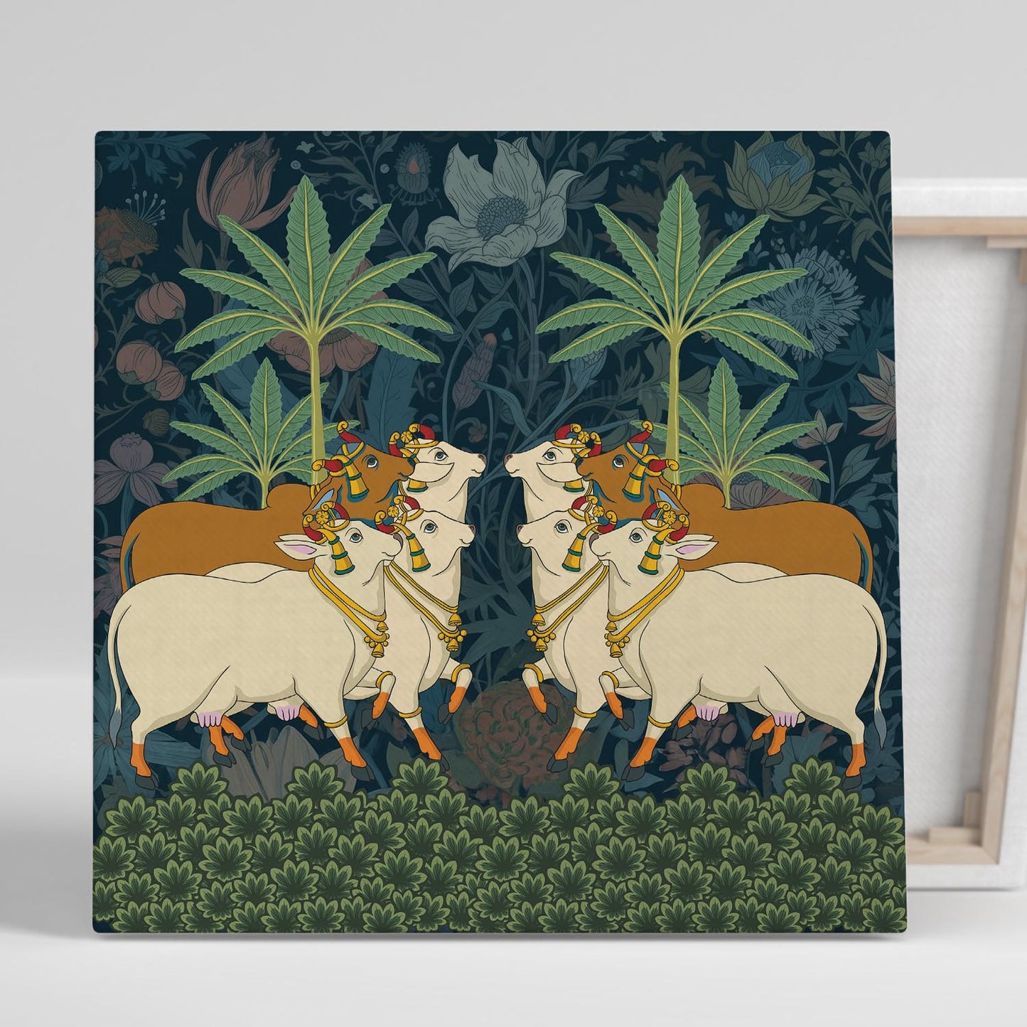 Traditional Indian Vibrant Pichwai Art Canvas Print with Holy Cow for Wall Decor