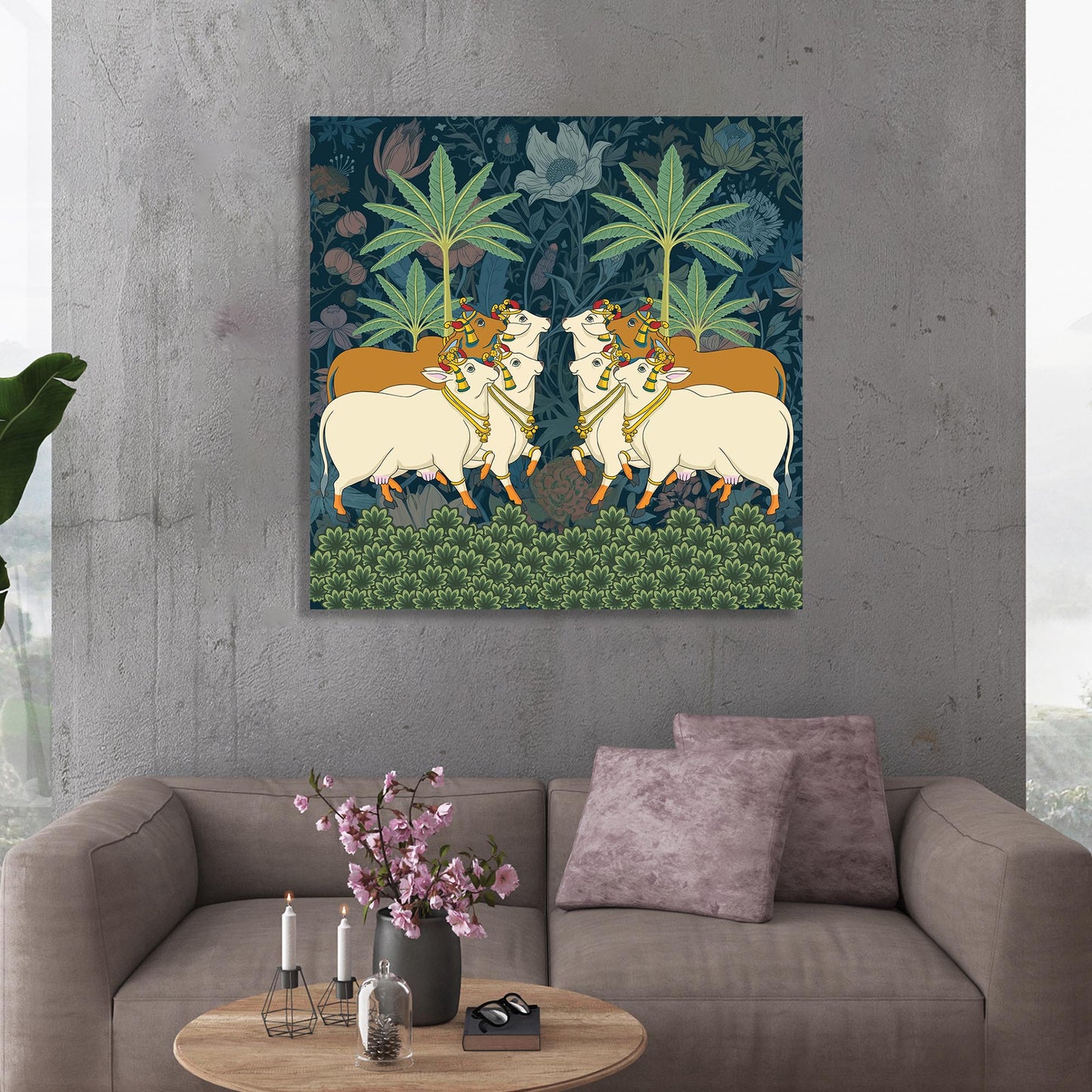 Traditional Indian Vibrant Pichwai Art Canvas Print with Holy Cow for Wall Decor