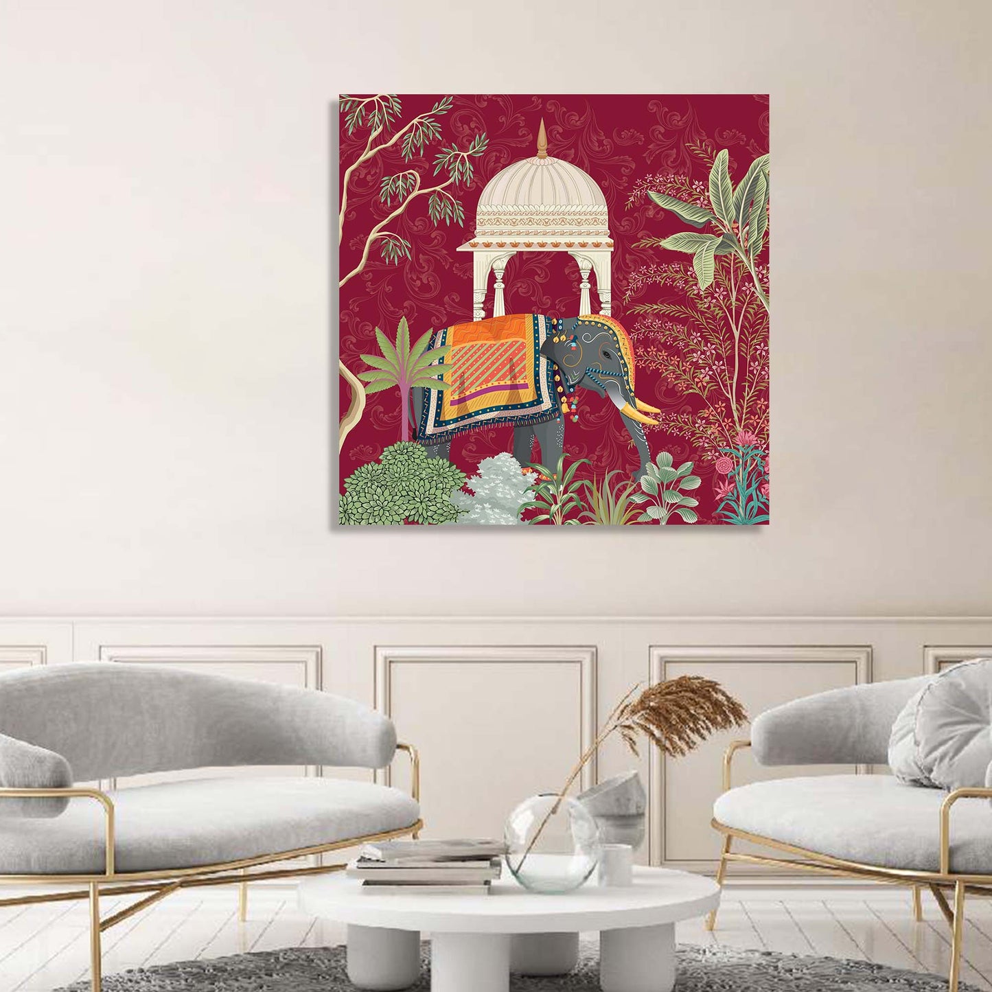 Traditional Indian Vibrant Pichwai Art Canvas Print with Royal Elephant for Wall Decor