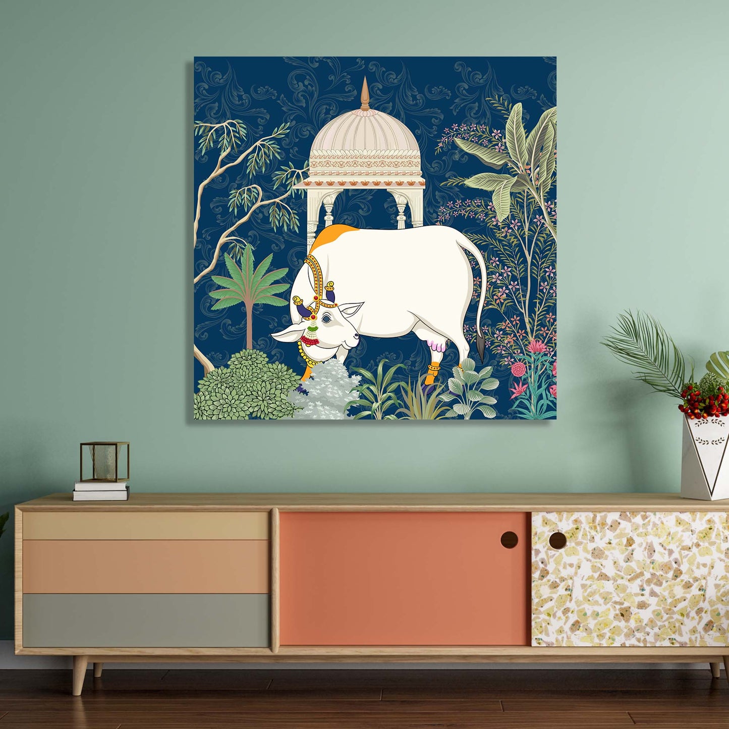 Traditional Indian Vibrant Pichwai Art Canvas Print with Holy Cow for Wall Decor