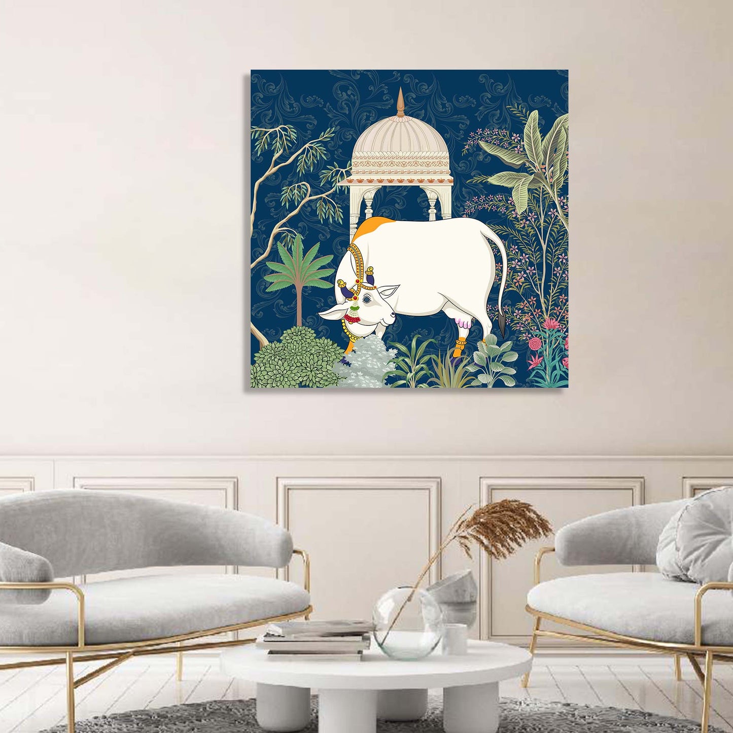 Traditional Indian Vibrant Pichwai Art Canvas Print with Holy Cow for Wall Decor