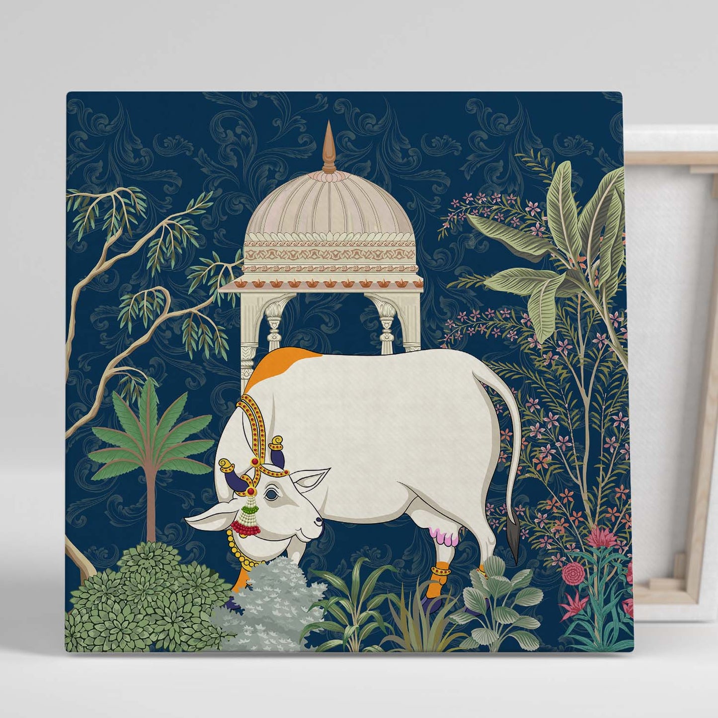 Traditional Indian Vibrant Pichwai Art Canvas Print with Holy Cow for Wall Decor