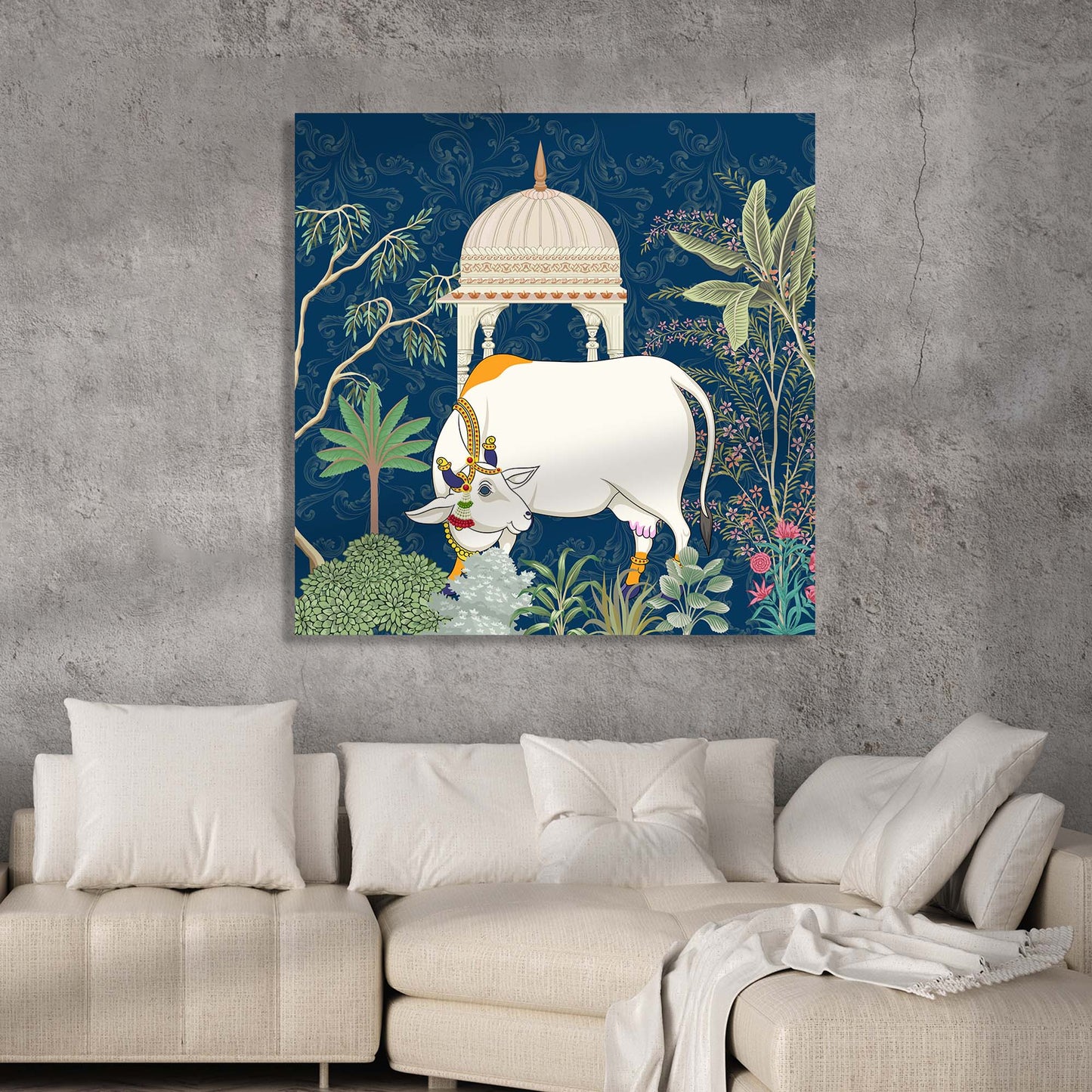 Traditional Indian Vibrant Pichwai Art Canvas Print with Holy Cow for Wall Decor