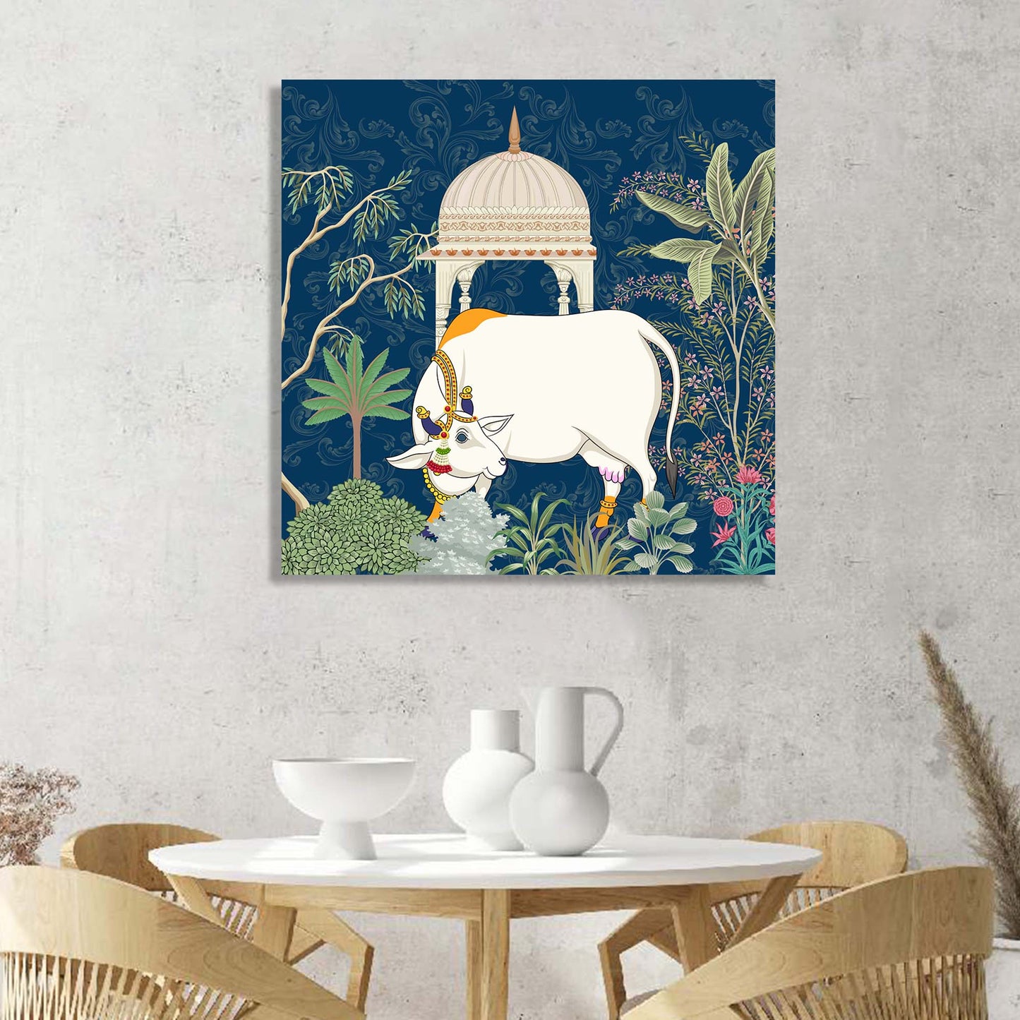 Traditional Indian Vibrant Pichwai Art Canvas Print with Holy Cow for Wall Decor