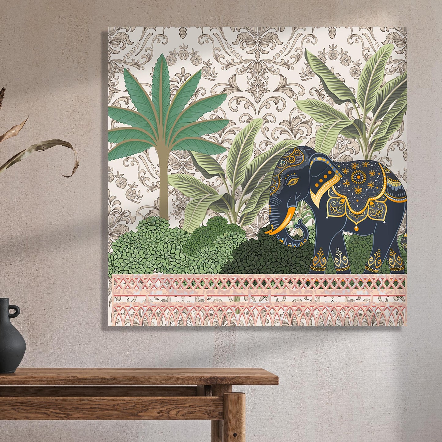 Traditional Indian Vibrant Pichwai Art Canvas Print with Royal Elephant for Wall Decor