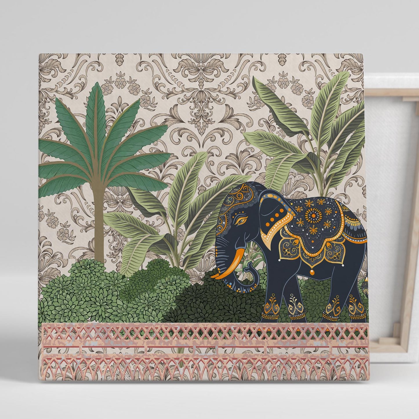 Traditional Indian Vibrant Pichwai Art Canvas Print with Royal Elephant for Wall Decor