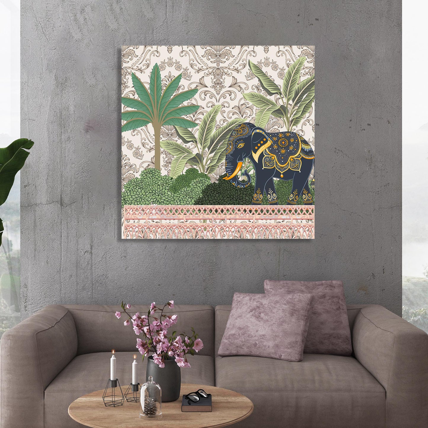 Traditional Indian Vibrant Pichwai Art Canvas Print with Royal Elephant for Wall Decor