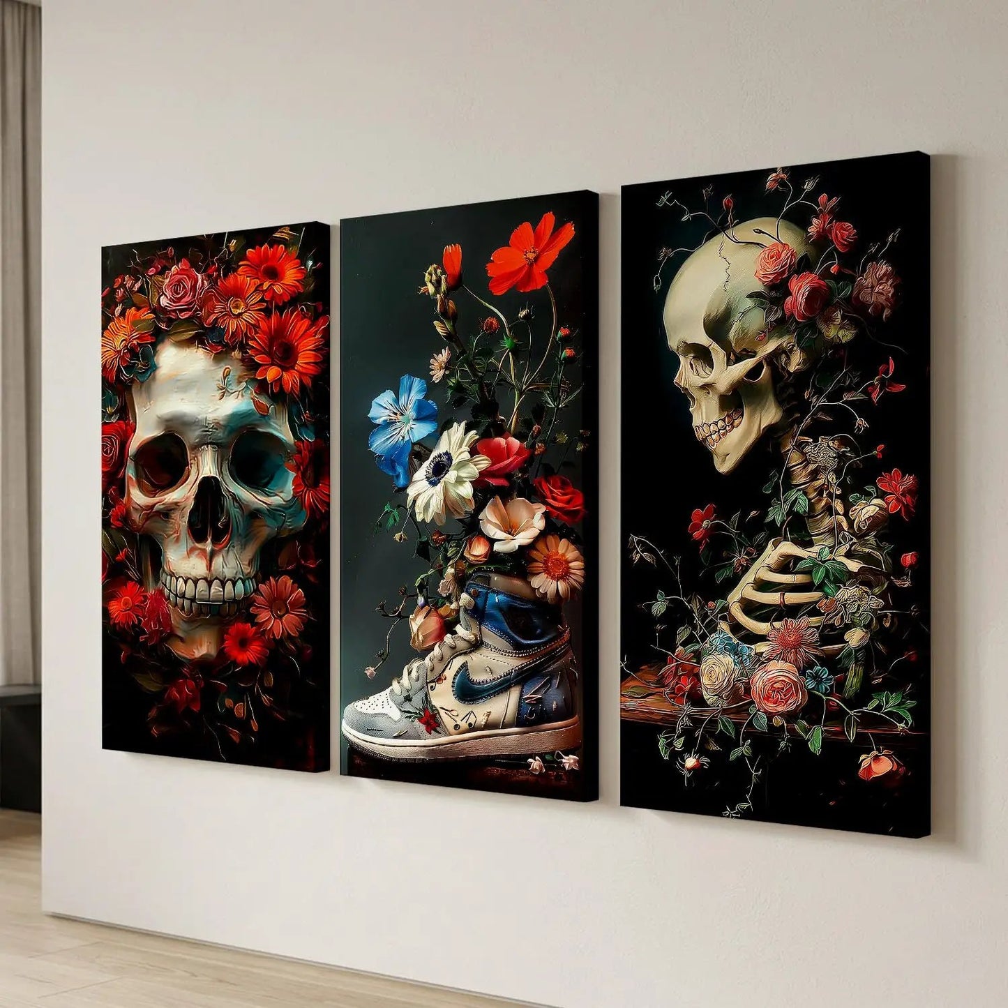 Floral Skull and Sneaker - Modern Gothic Canvas Art Print Set