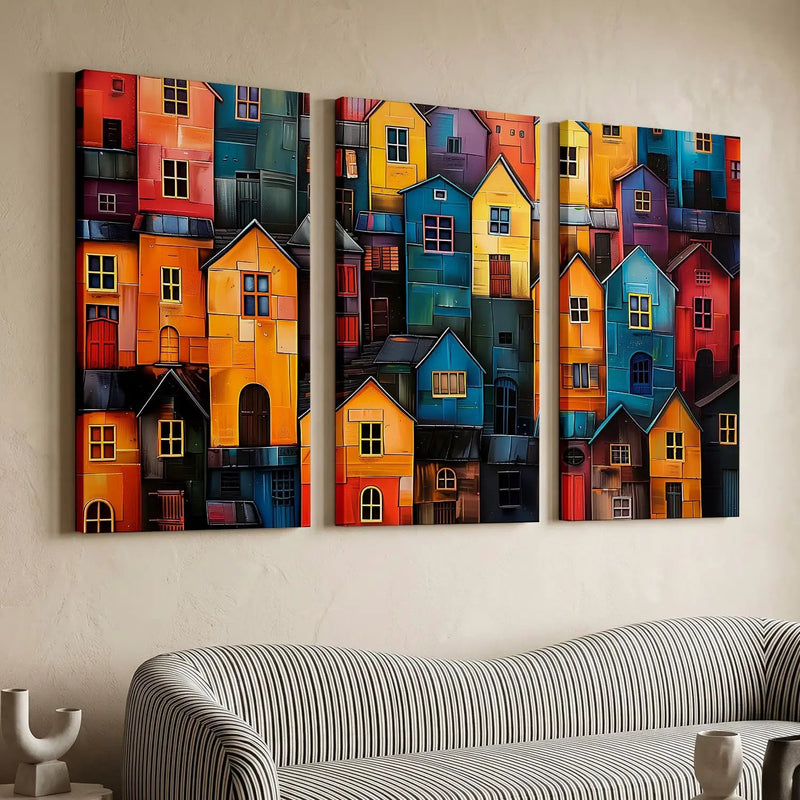 Colorful Urban Landscape - Abstract City Houses Canvas Art Print Set