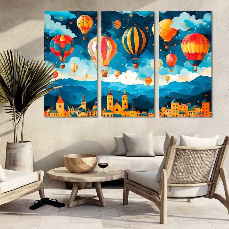 Enchanted Evening Sky - Hot Air Balloons Over Colorful Town Canvas Art Print Set