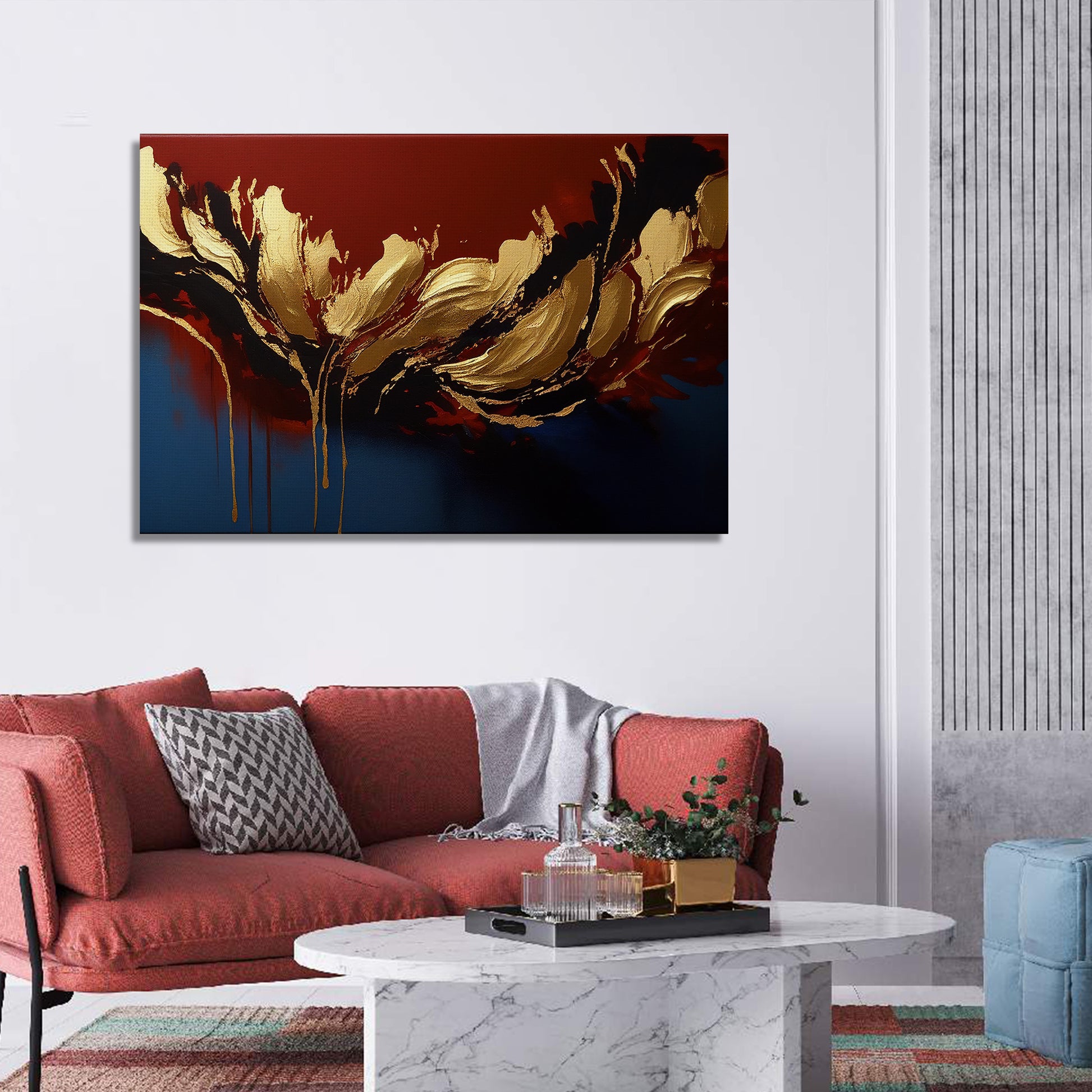 Modern Art Canvas Painting - Red and Golden Abstract Art Canvas for Living Room Wall Decor-Kotart