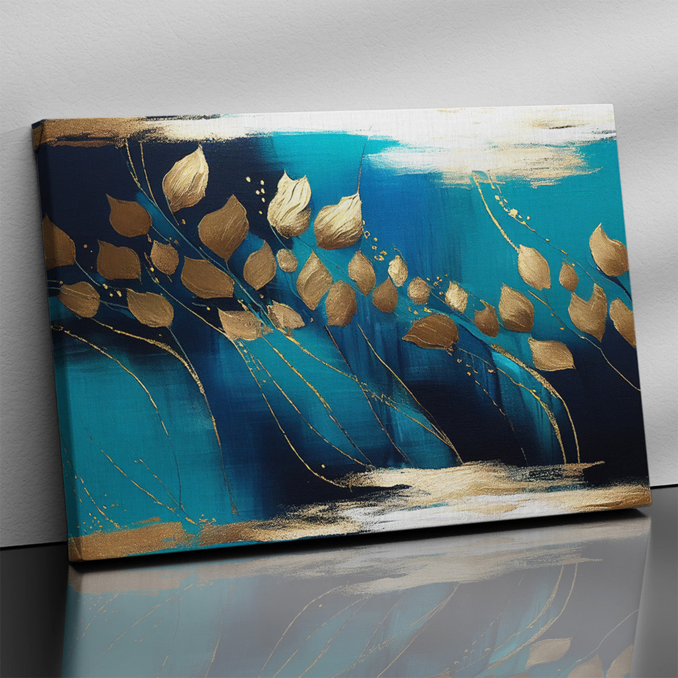 Modern Art Canvas Painting - Blue and Golden Abstract Art Canvas for Living Room Wall Decor-Kotart