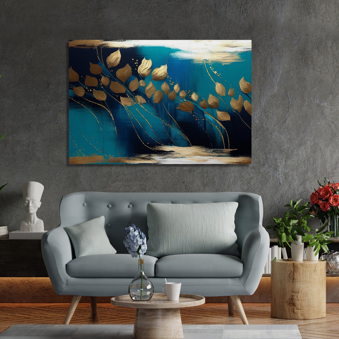 Modern Art Canvas Painting - Blue and Golden Abstract Art Canvas for Living Room Wall Decor-Kotart