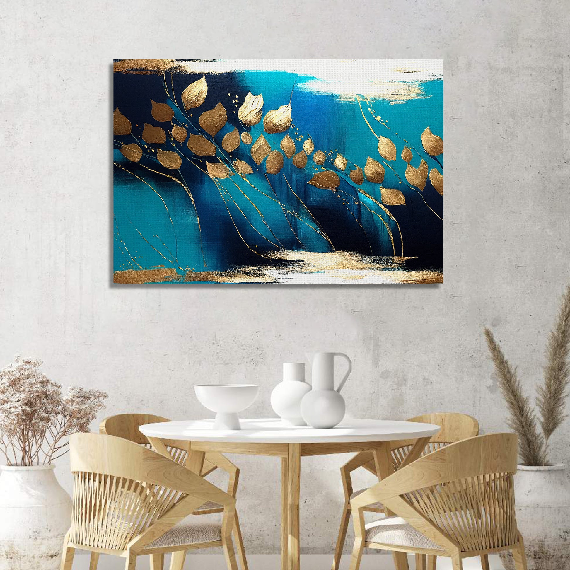 Modern Art Canvas Painting - Blue and Golden Abstract Art Canvas for Living Room Wall Decor-Kotart