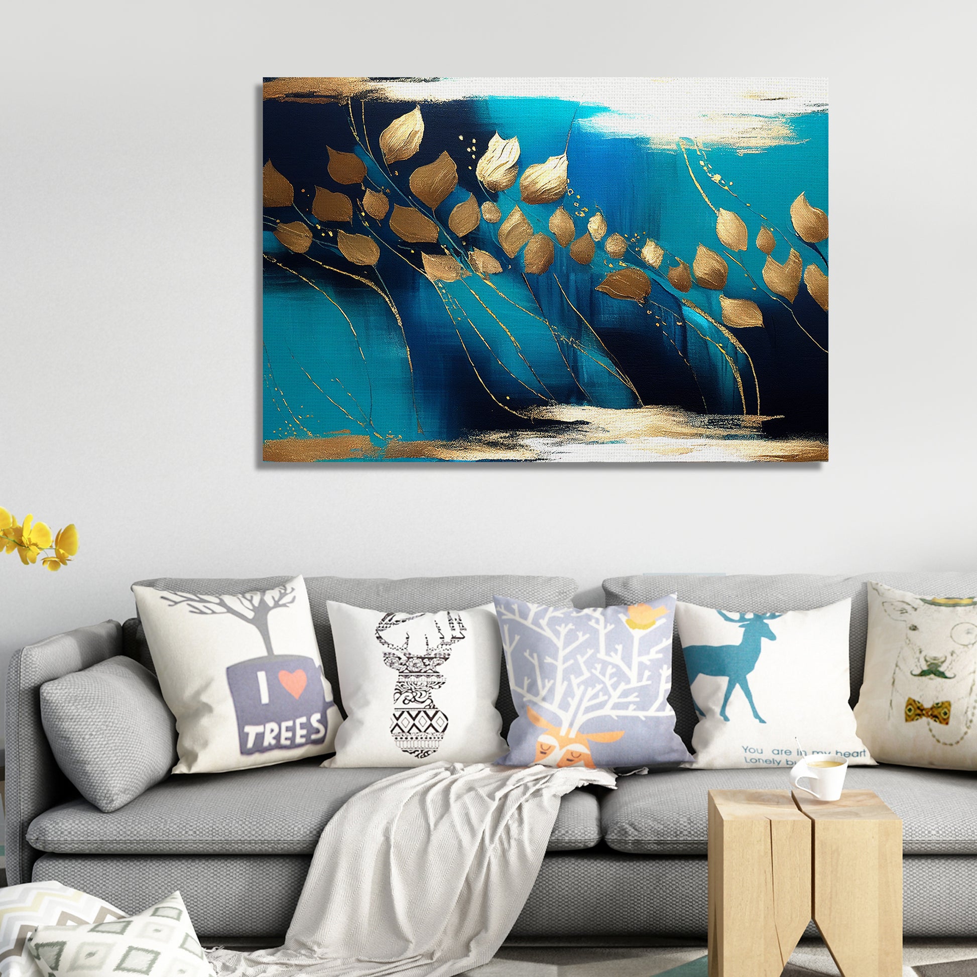 Modern Art Canvas Painting - Blue and Golden Abstract Art Canvas for Living Room Wall Decor-Kotart