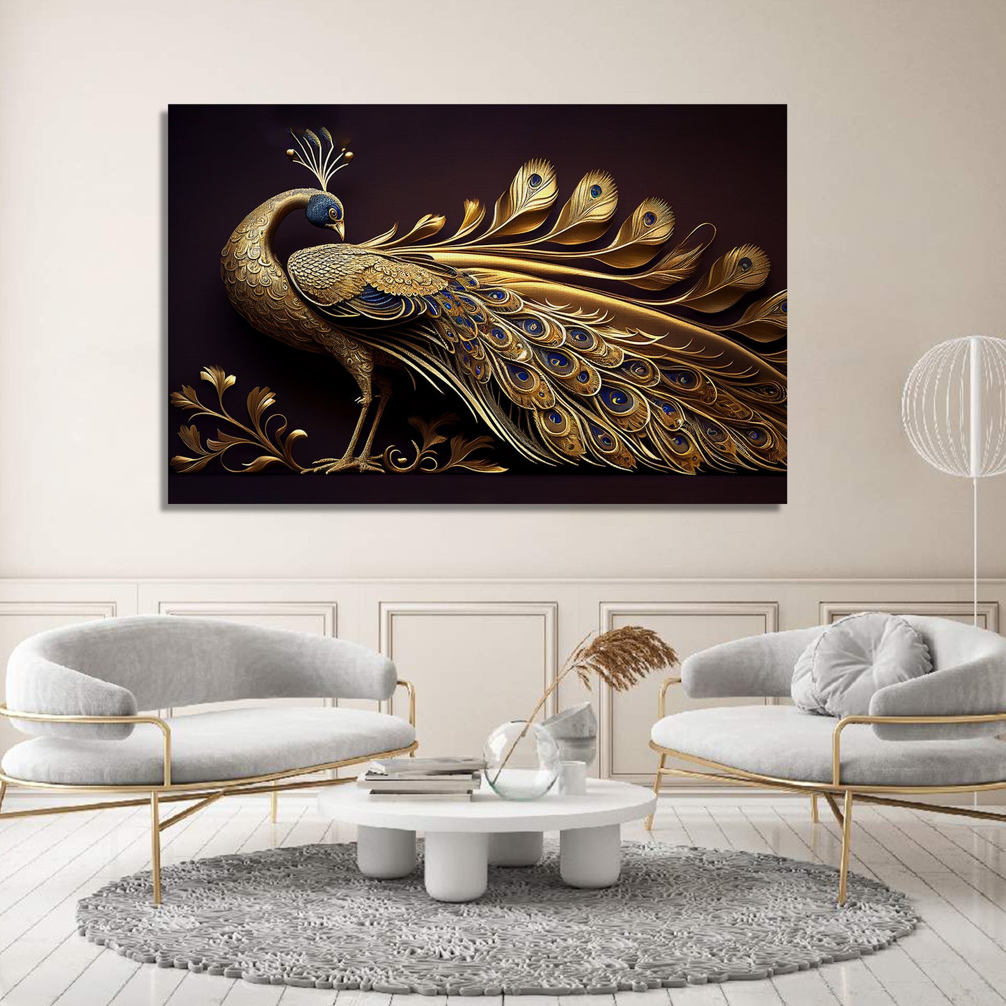 Beautiful Golden Color Peacock Art Canvas Painting-Kotart