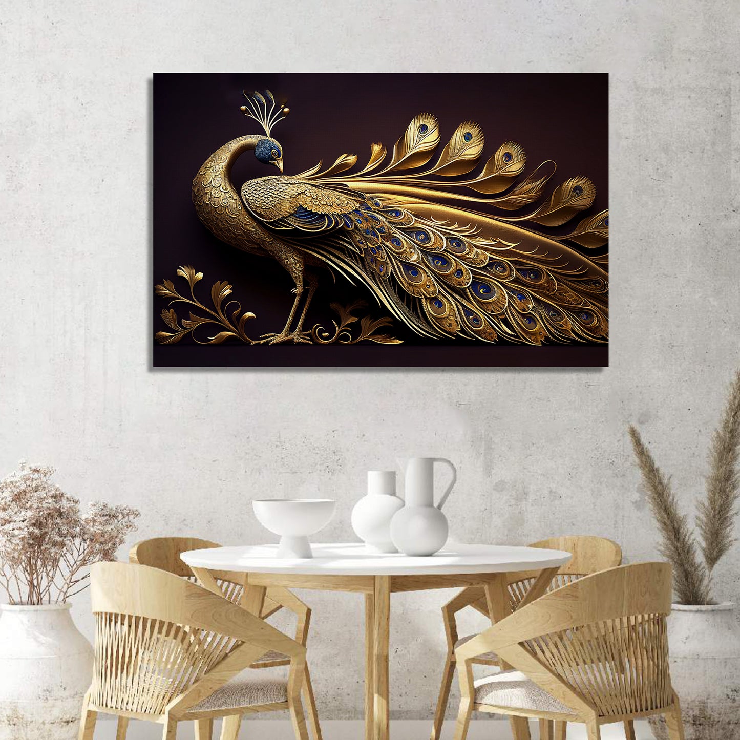 Beautiful Golden Color Peacock Art Canvas Painting-Kotart