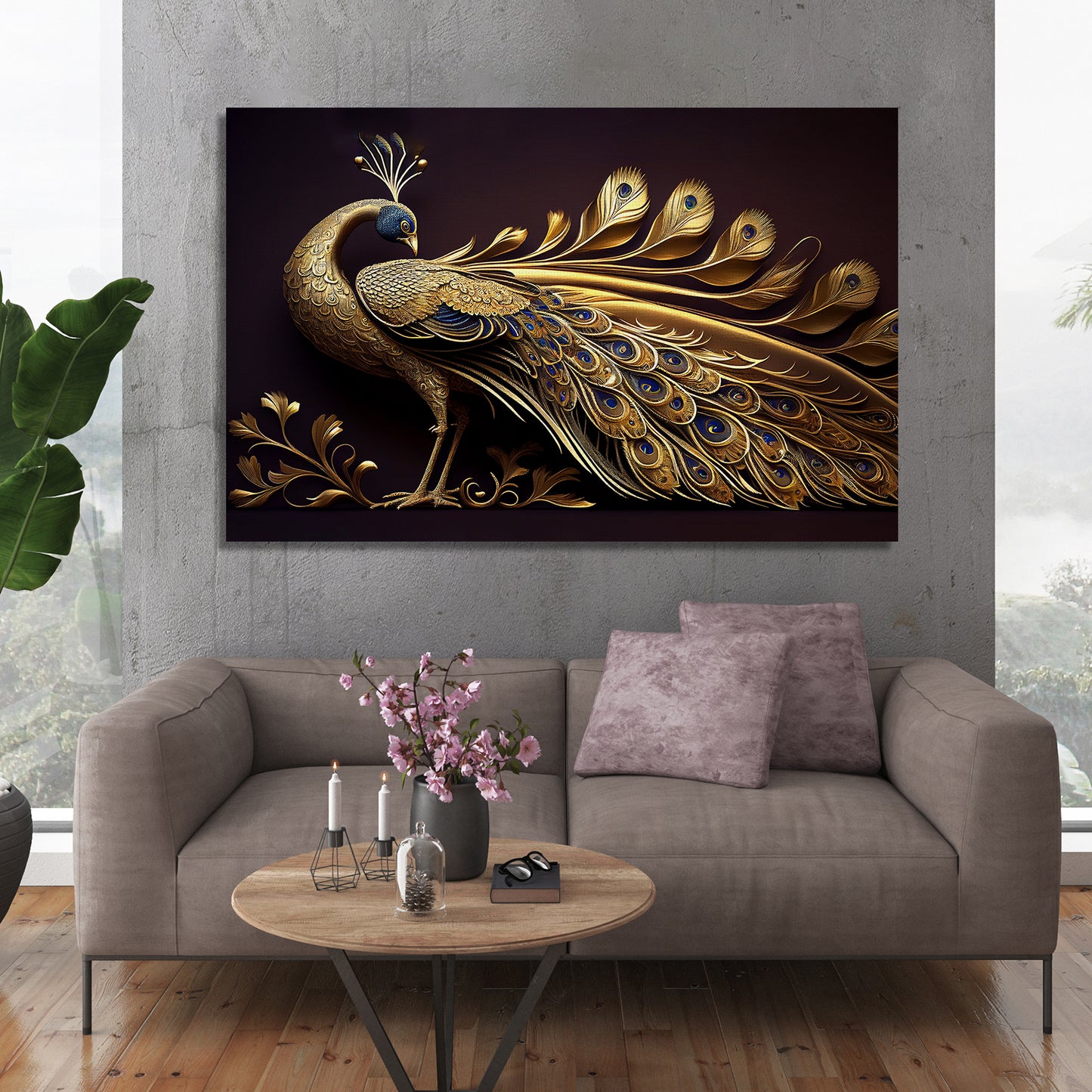 Beautiful Golden Color Peacock Art Canvas Painting-Kotart