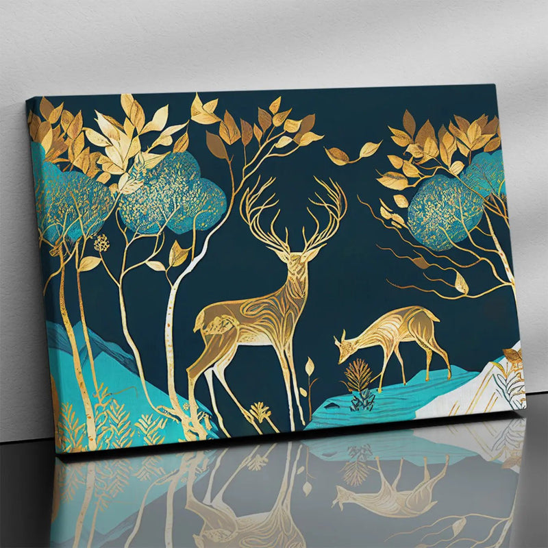 Nature Inspired Modern Deer Art Canvas Painting - Green and Golden-Kotart