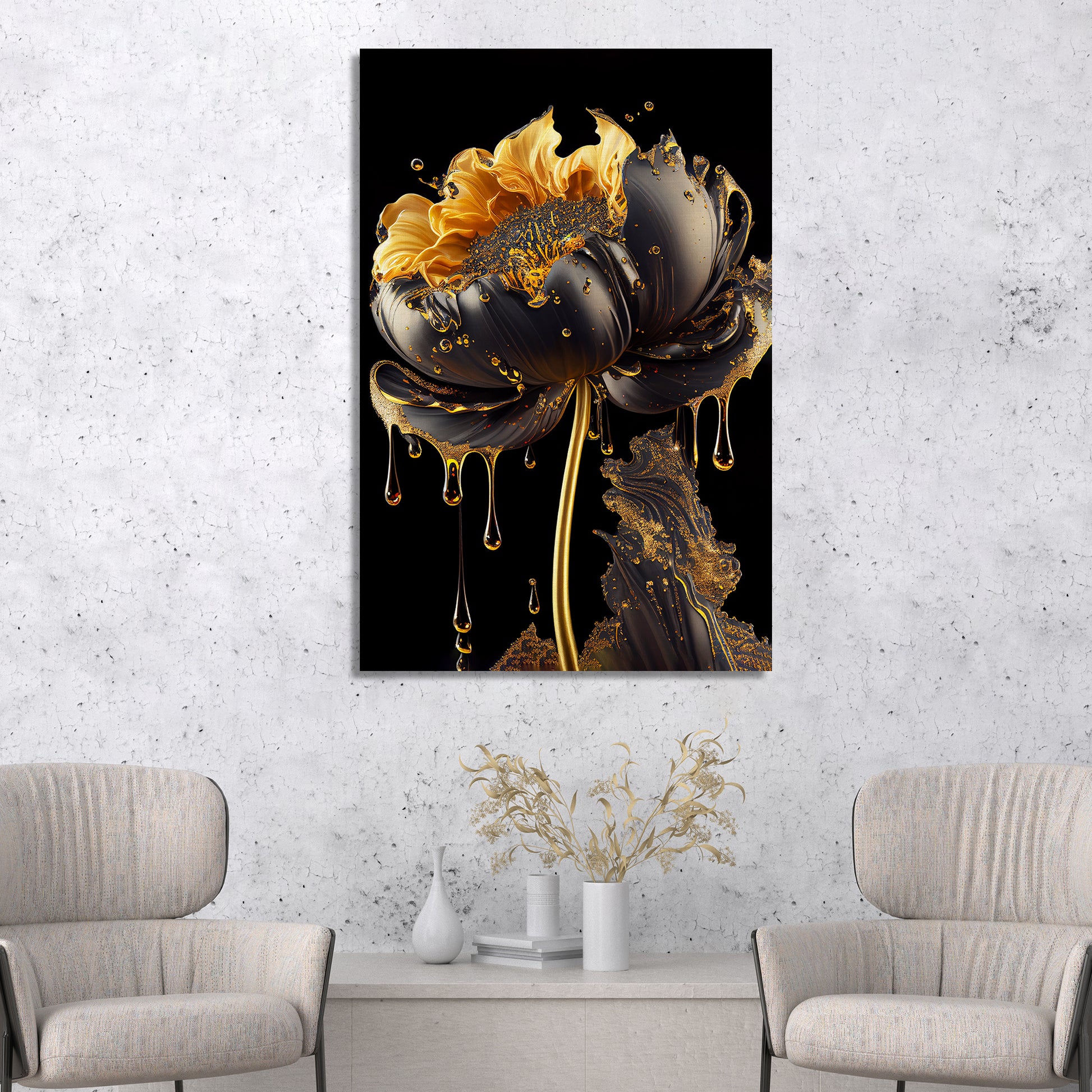 Luxury Black and Golden Flower Canvas Painting for Living Room Bedroom Home Wall Decor-Kotart