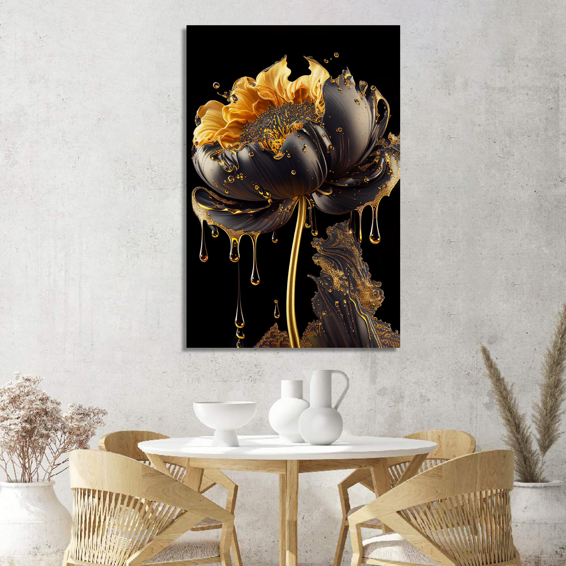 Luxury Black and Golden Flower Canvas Painting for Living Room Bedroom Home Wall Decor-Kotart