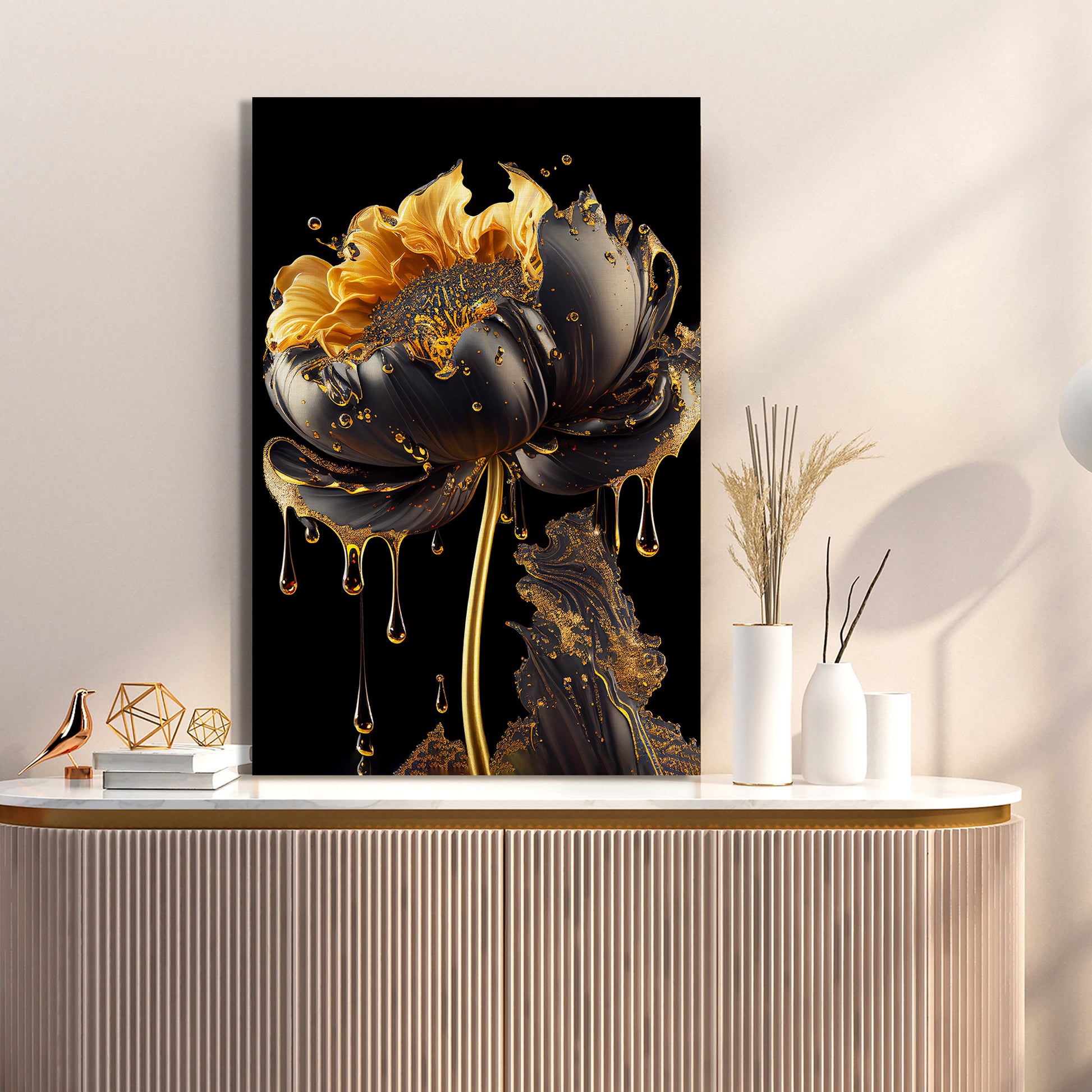 Luxury Black and Golden Flower Canvas Painting for Living Room Bedroom Home Wall Decor-Kotart