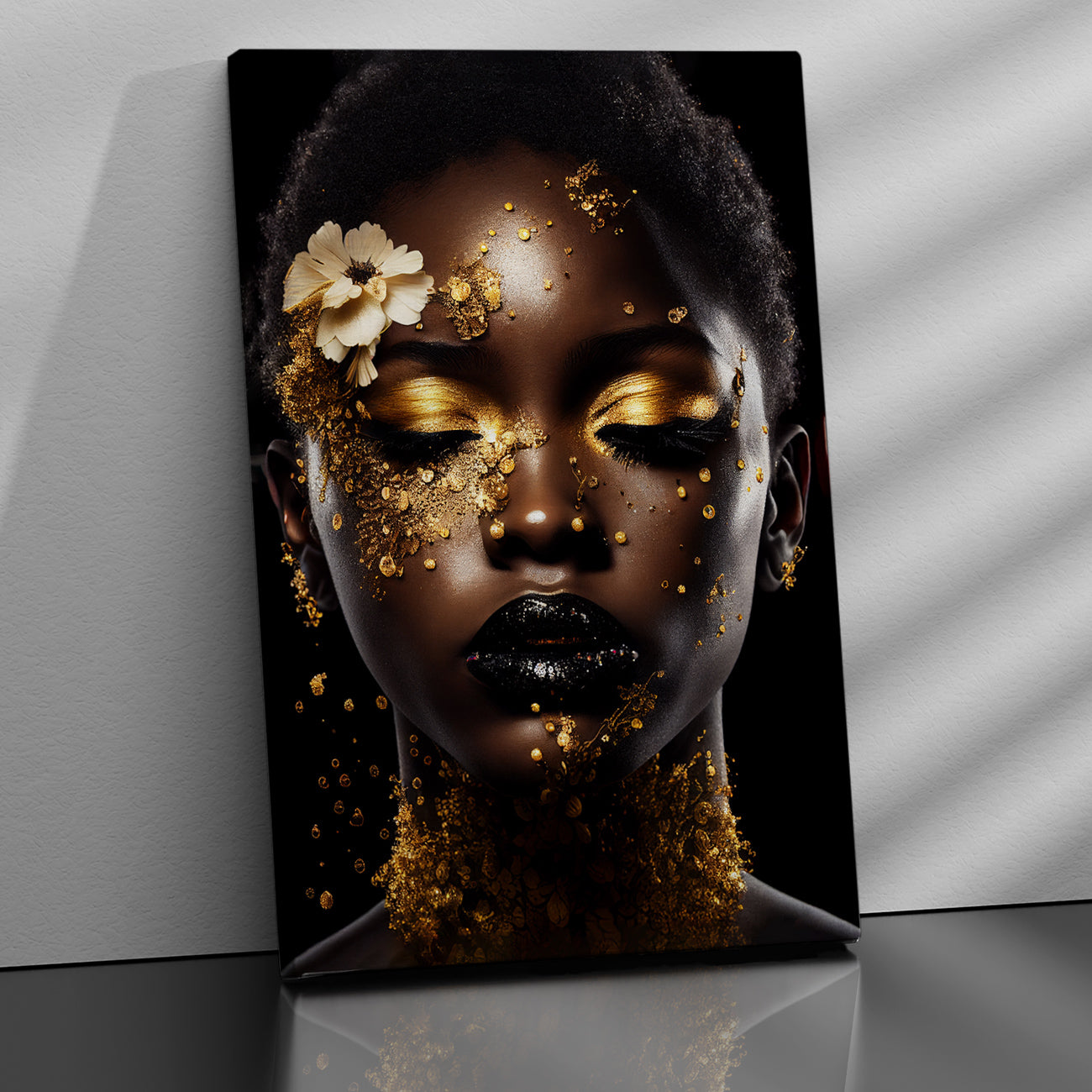 Luxury Black and Golden Afro Woman Canvas Painting for Wall Decor-Kotart