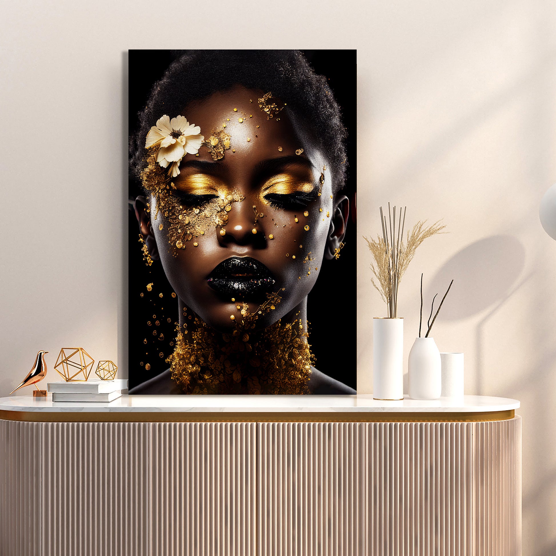 Luxury Black and Golden Afro Woman Canvas Painting for Wall Decor-Kotart