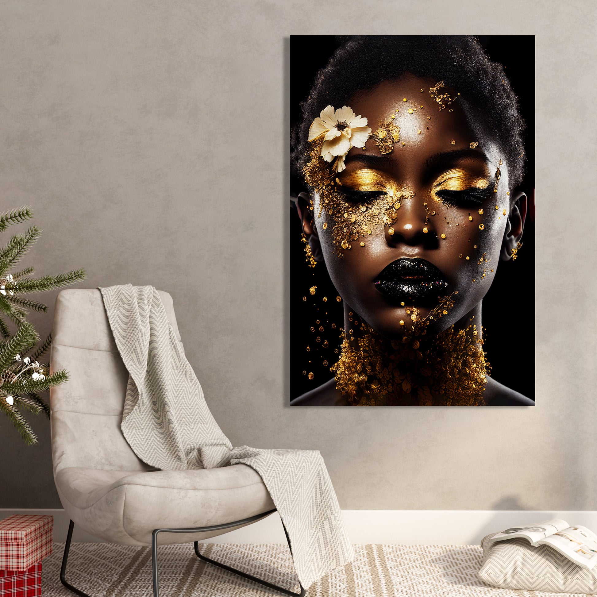 Luxury Black and Golden Afro Woman Canvas Painting for Wall Decor-Kotart