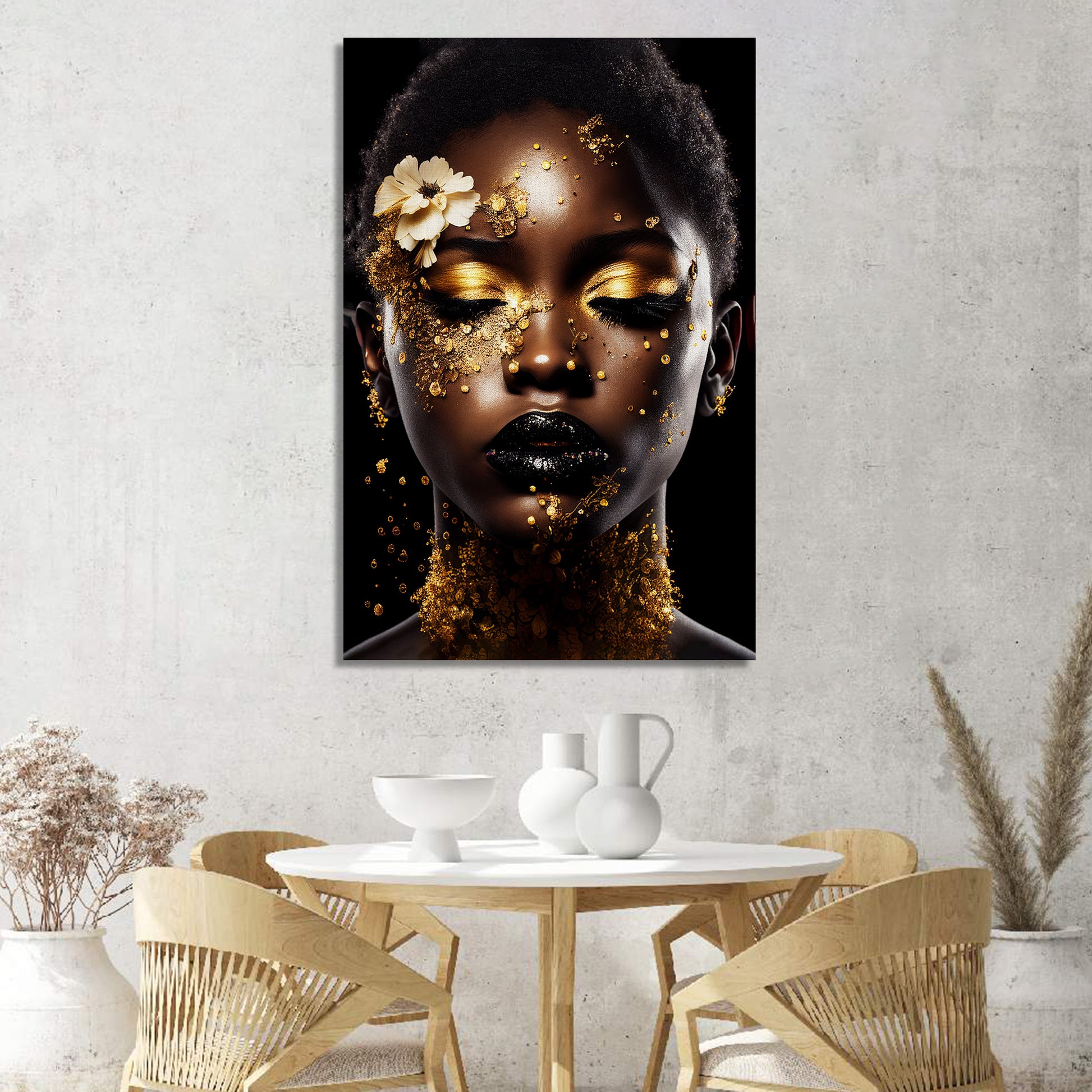 Luxury Black and Golden Afro Woman Canvas Painting for Wall Decor-Kotart