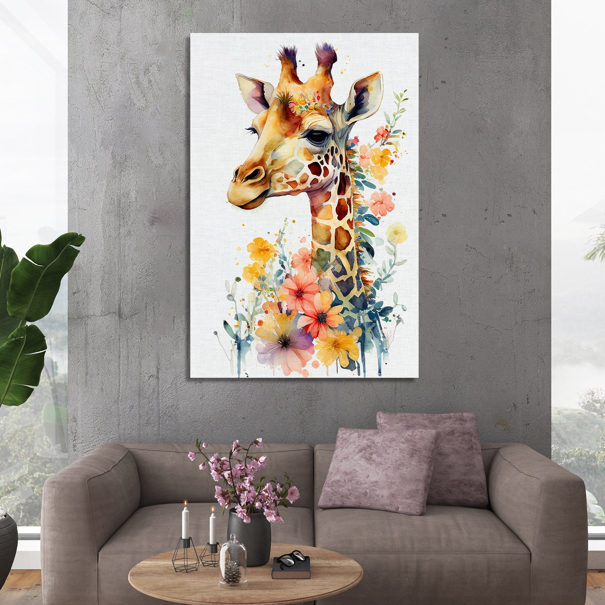 Cute Giraffe Printed Canvas Panting for Kids Room Wall Decor-Kotart