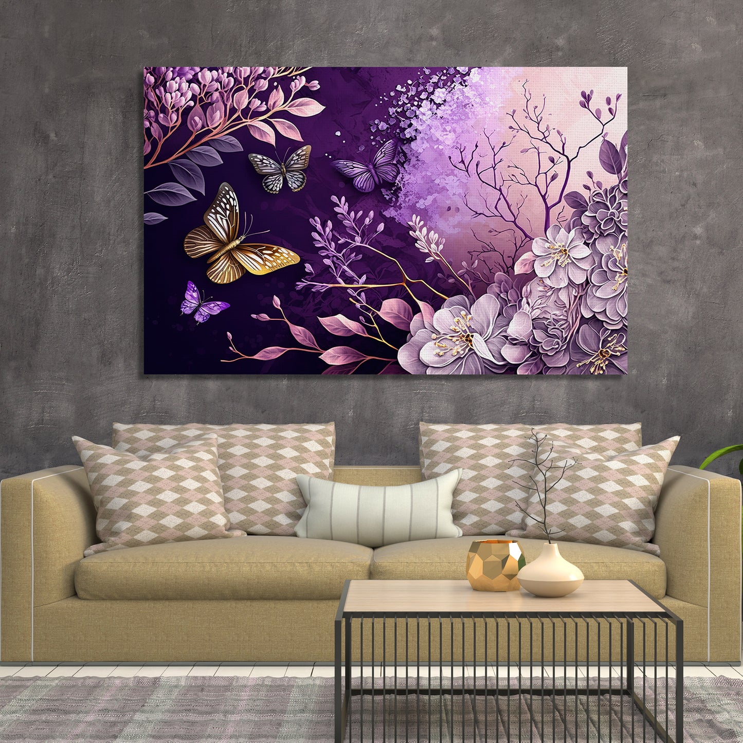 Abstract Floral Art Purple Canvas Paintings for Stylish Living Room Decor - Nature Inspired Leaf Canvas Painting-Kotart