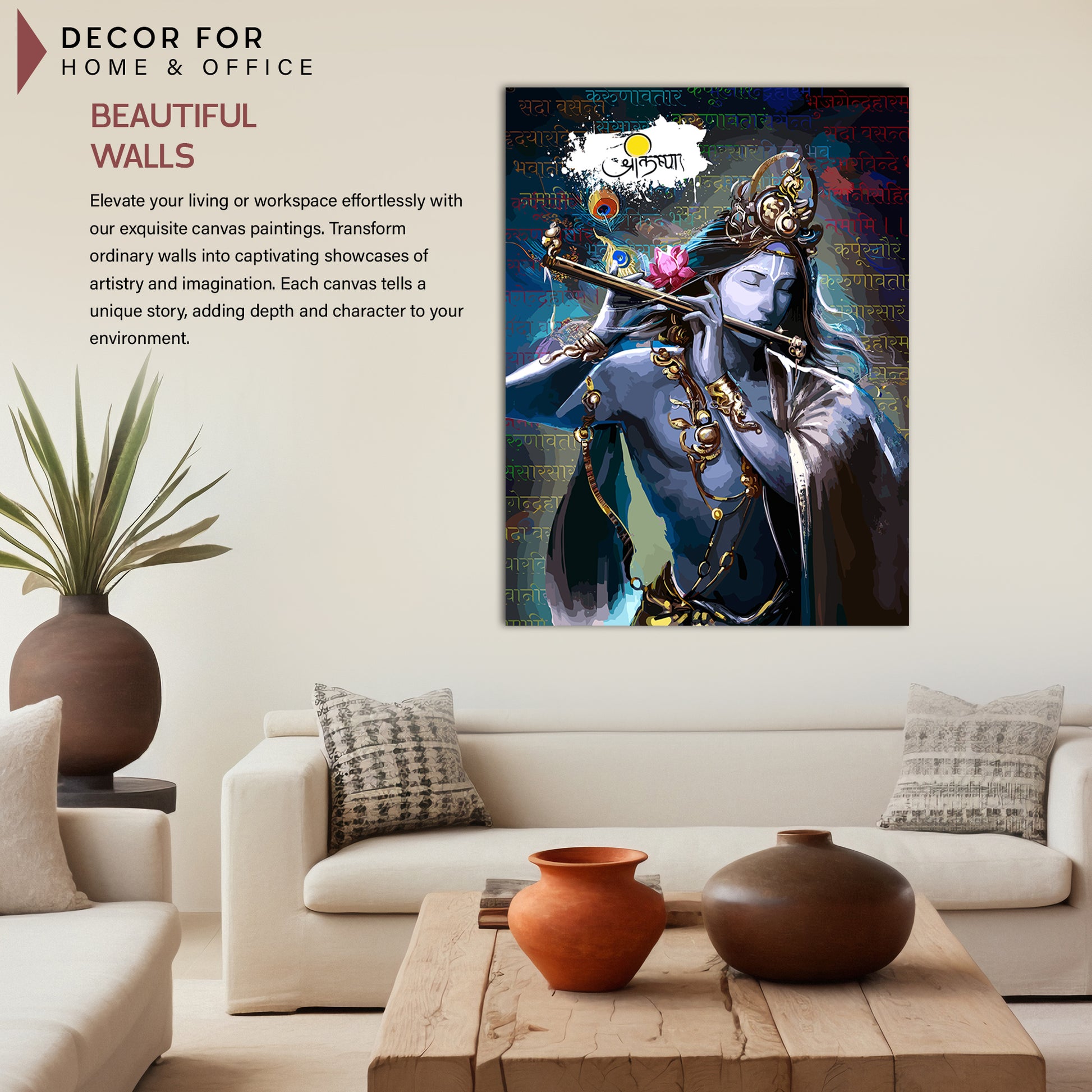 Elegant Hindu Lord Krishna Canvas Painting For Home Pooja Room Living Room Wall Decor-Kotart