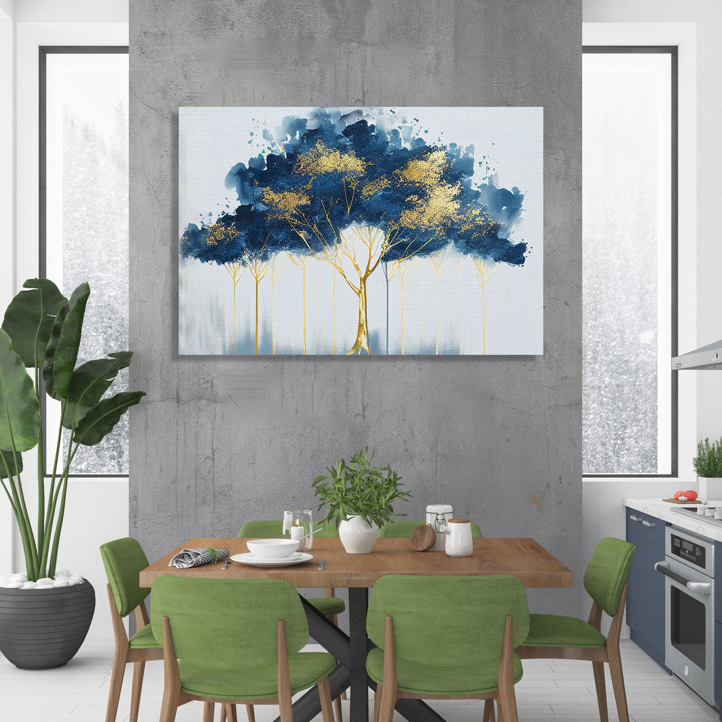 Modern Art Canvas Painting - Abstract Blue and Golden Canvas for Living Room Wall Decor-Kotart