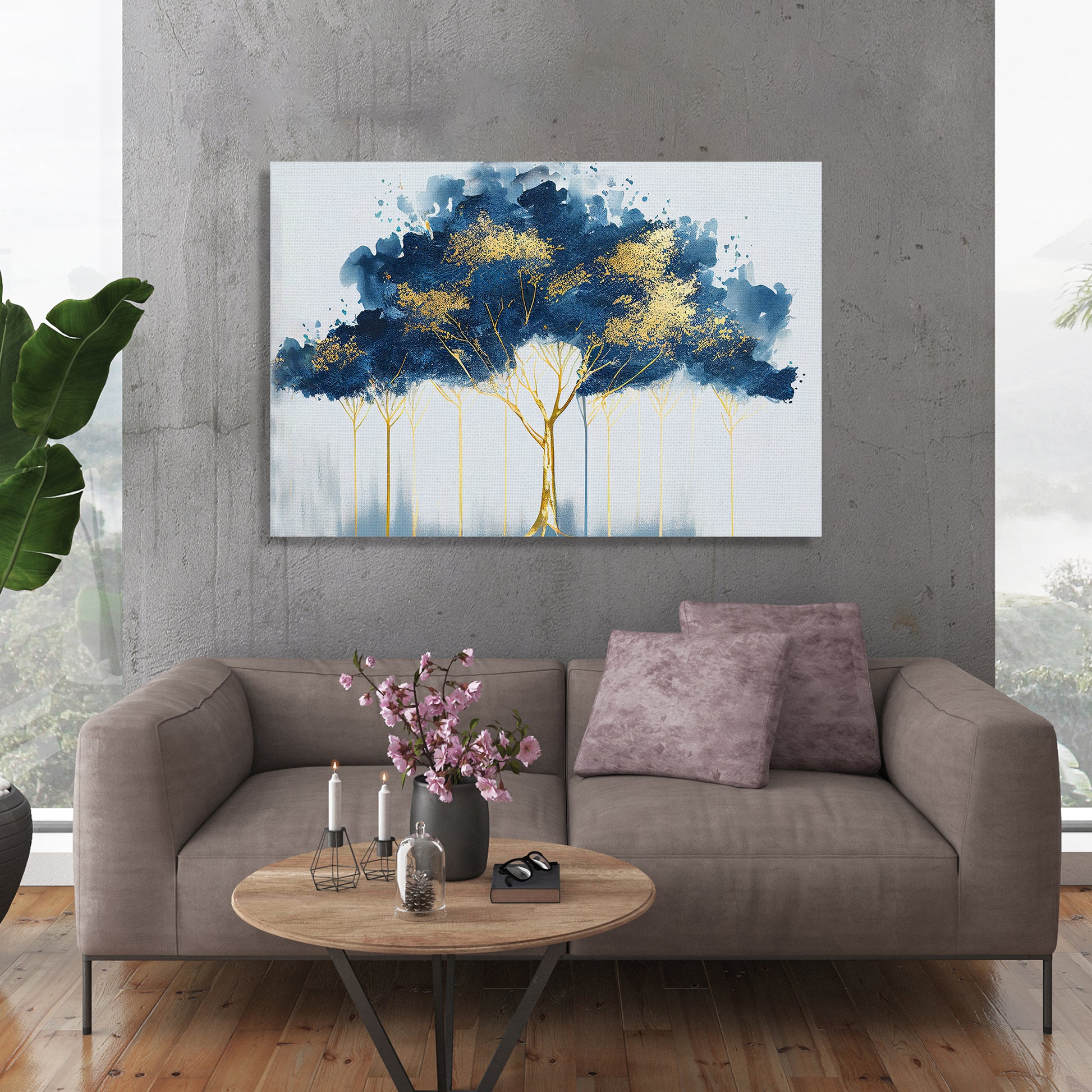 Modern Art Canvas Painting - Abstract Blue and Golden Canvas for Living Room Wall Decor-Kotart