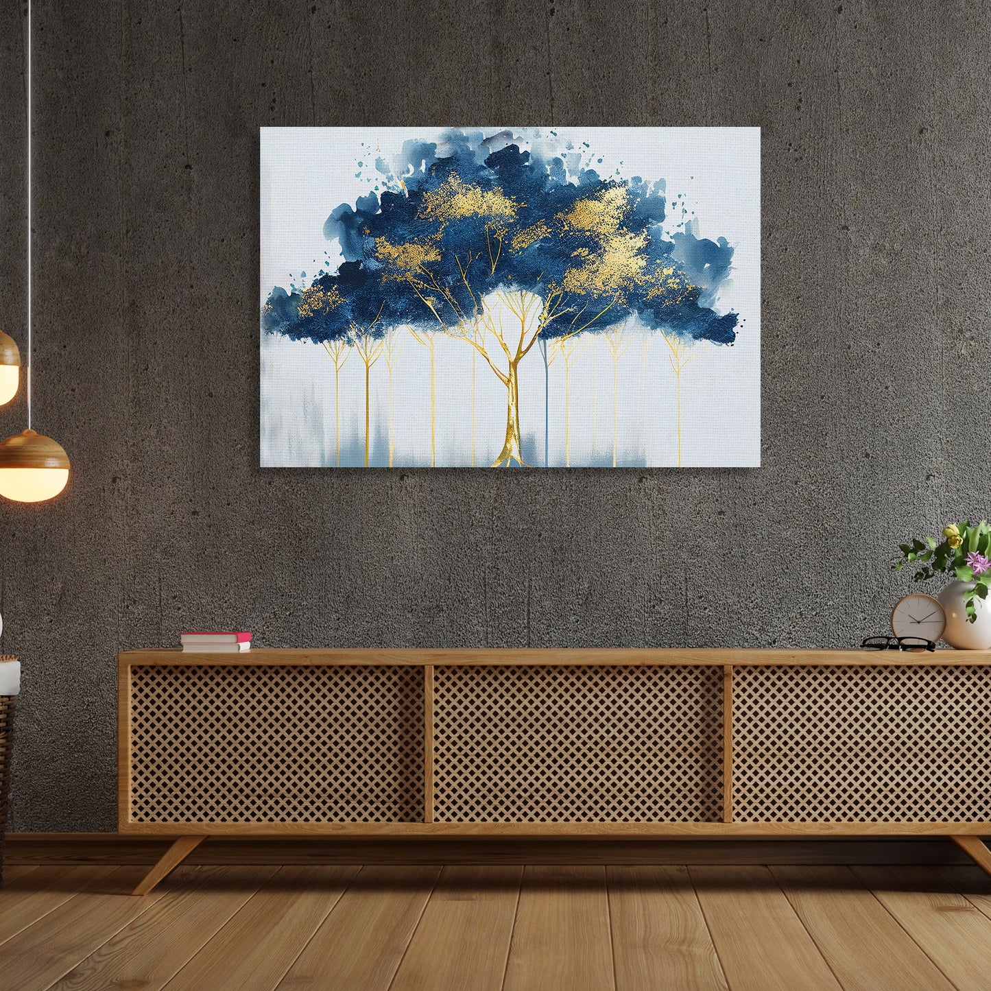 Modern Art Canvas Painting - Abstract Blue and Golden Canvas for Living Room Wall Decor-Kotart