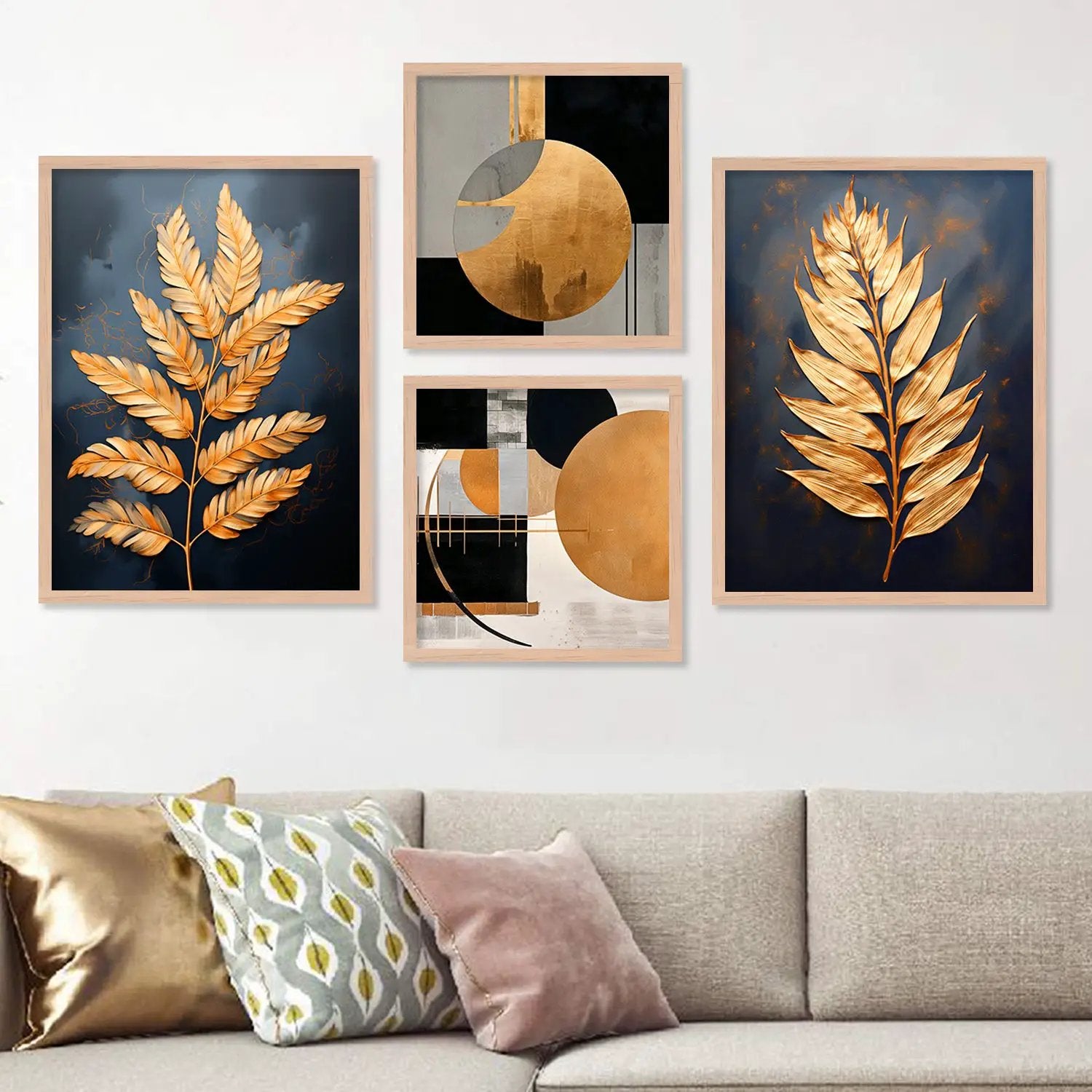 Premium Golden Leaf Wall Decor Prints with Frame for Home Decoration