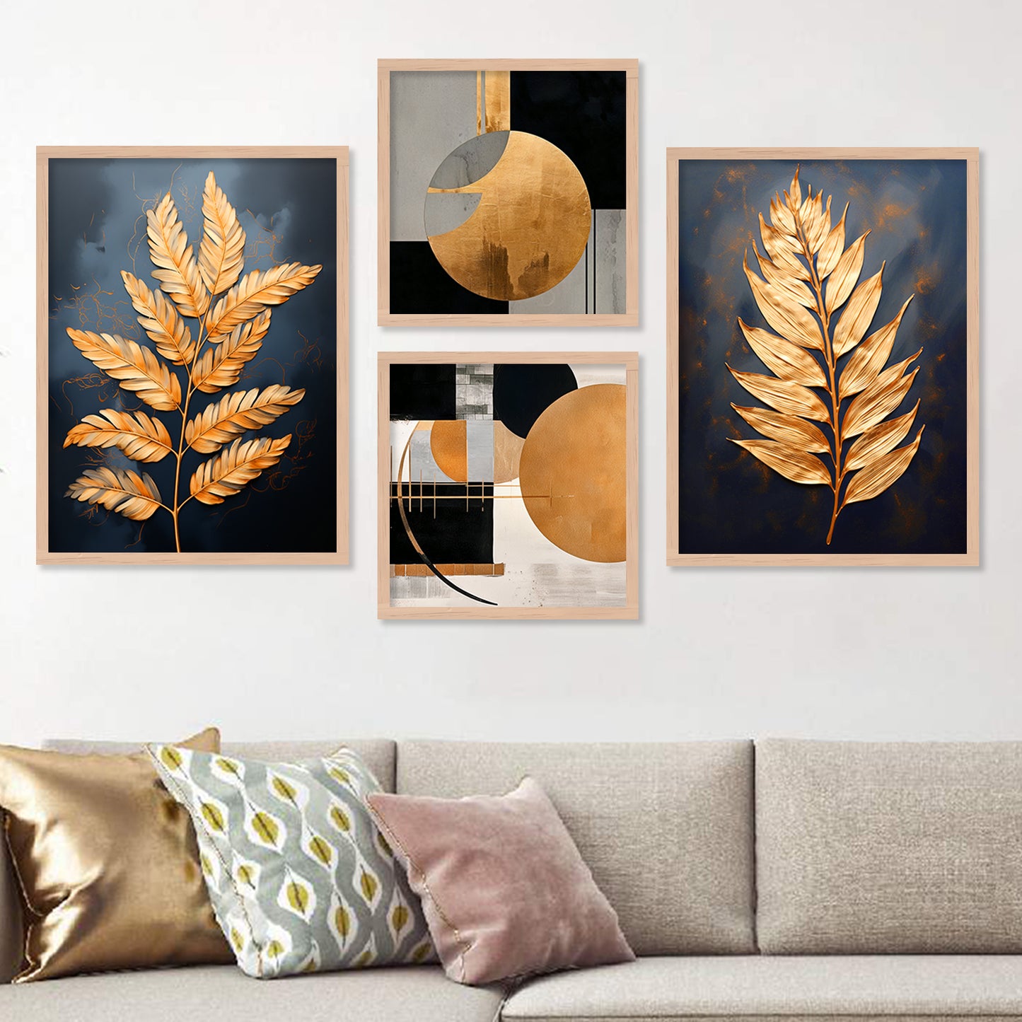 Premium Golden Leaf Wall Decor Paintings with Frame for Home Decoration-Kotart