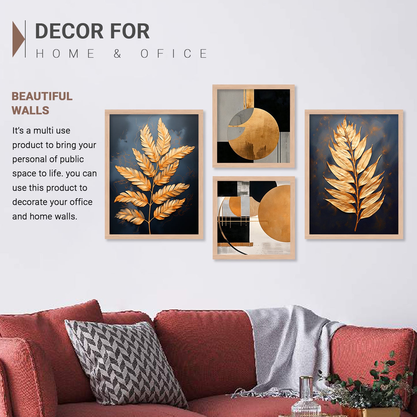 Premium Golden Leaf Wall Decor Paintings with Frame for Home Decoration-Kotart