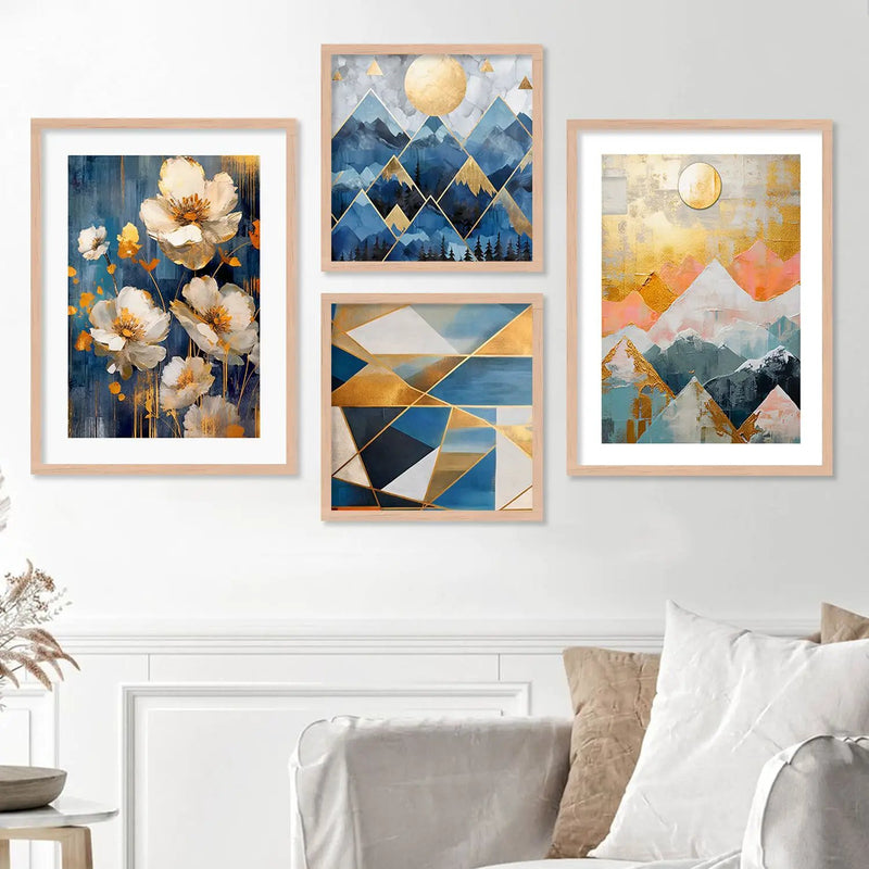 Aesthetic Blue Floral Modern Wall Decor Paintings with Frame for Home Decoration-Kotart