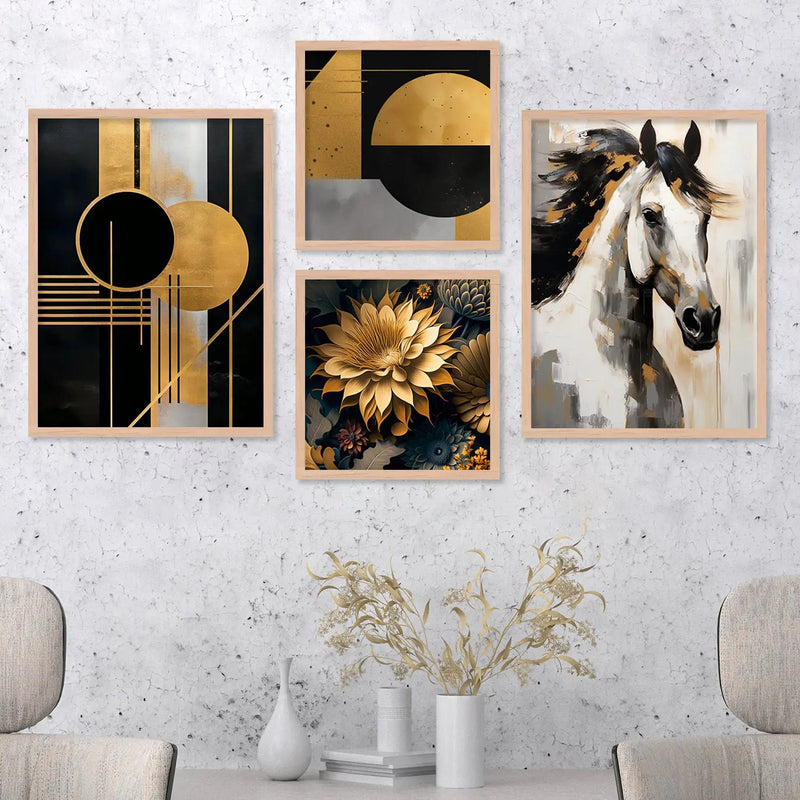 Aesthetic Golden and Black Modern Horse Art Wall Decor Paintings with Frame for Living Room Bedroom Home Decoration-Kotart