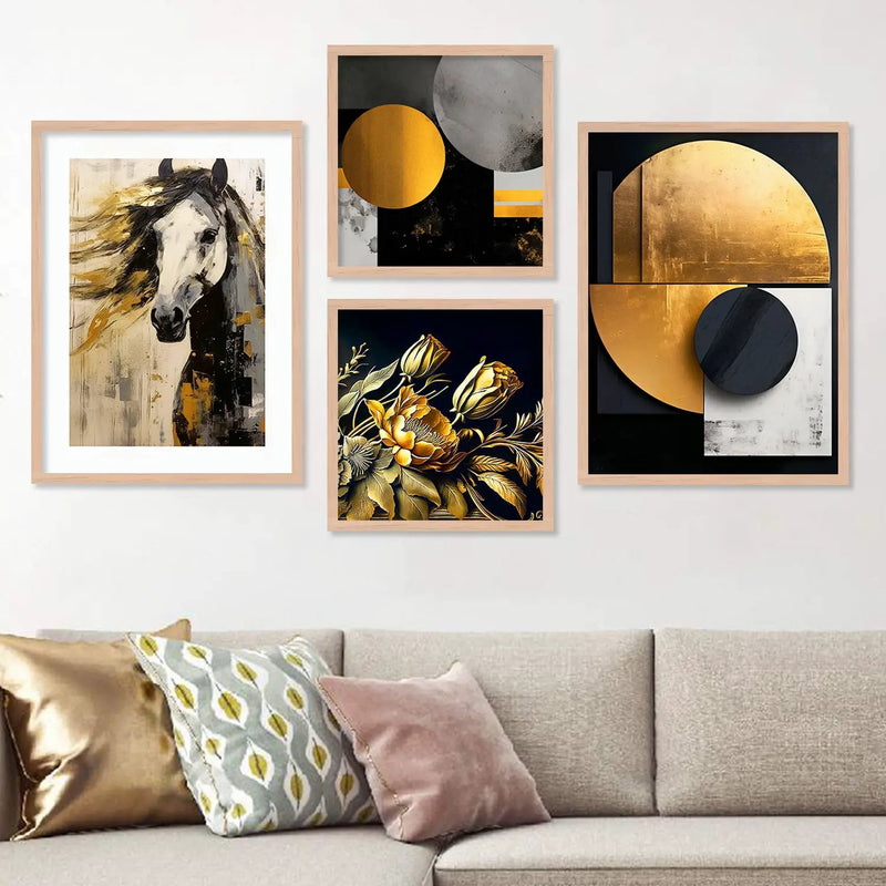 Aesthetic Golden and Black Modern Horse Art Wall Decor Paintings with Frame for Living Room Bedroom Home Decoration-Kotart