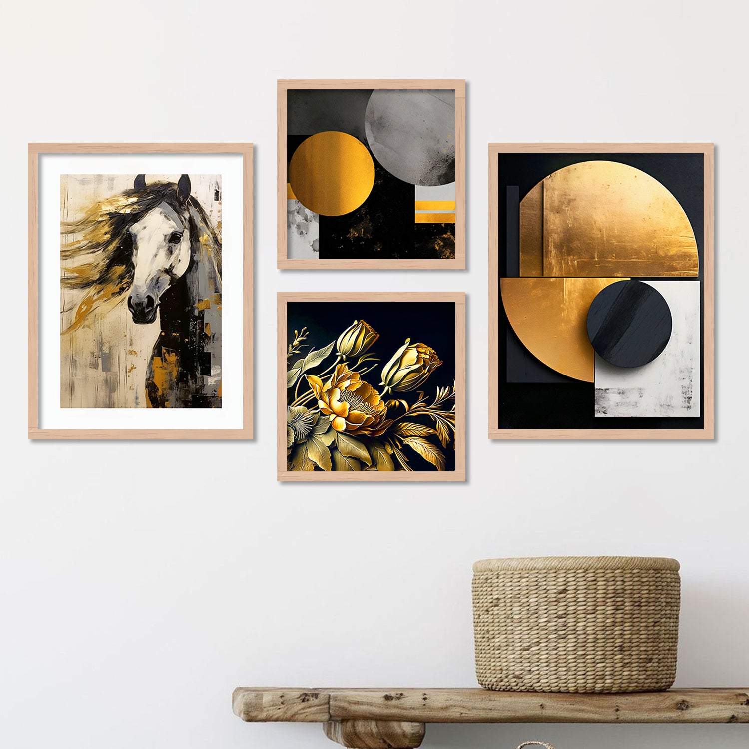 Aesthetic Golden and Black Modern Horse Art Wall Decor Paintings with Frame for Living Room Bedroom Home Decoration-Kotart