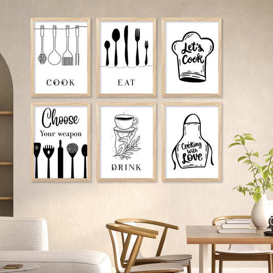 Kitchen Theme Framed Posters for Restaurant Kitchen Dinning Room Cafe Wall Decor Set of 6-Kotart