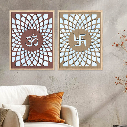 Om & Swastik Design Wall Mirror Set for Mandir Decor | Temple Wall Decor Mirrors