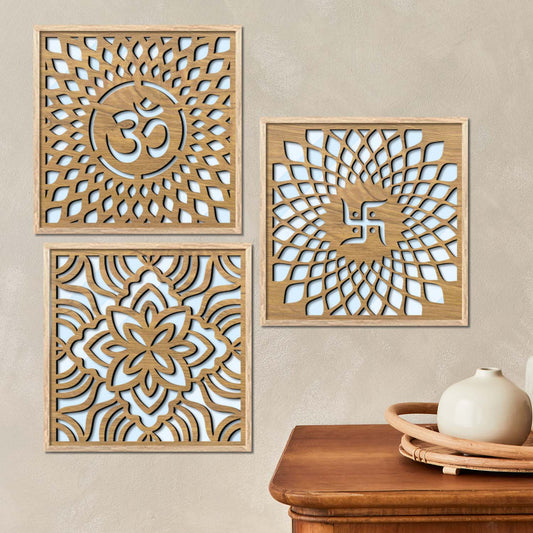 Om & Swastik Design Wall Mirror Set for Mandir Decor | Temple Wall Decor Mirrors