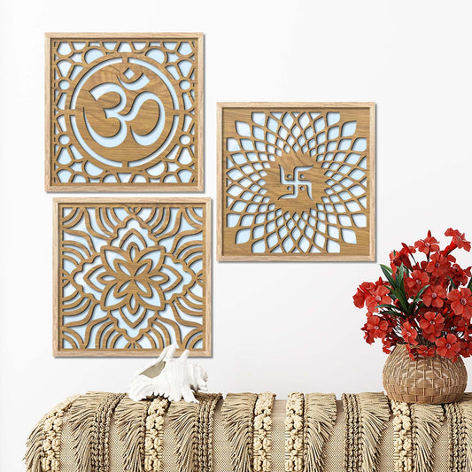 Om & Swastik Design Wall Mirror Set for Mandir Decor | Temple Wall Decor Mirrors