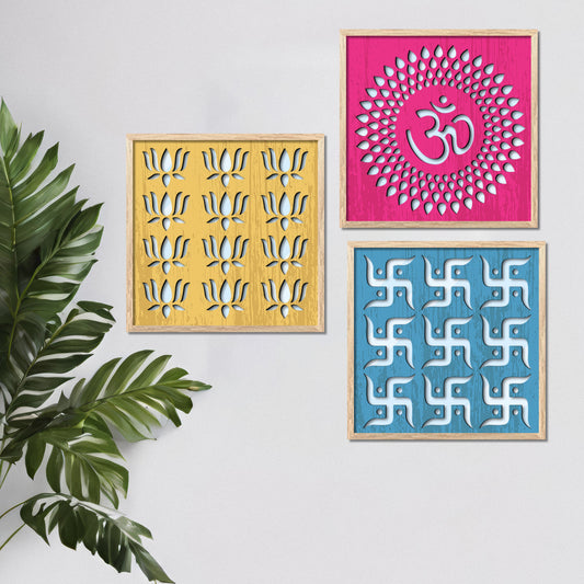 Om & Swastik Design Wall Mirror Set for Mandir Decor | Temple Wall Decor Mirrors