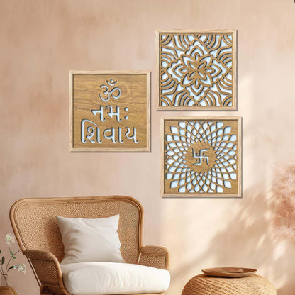 Om & Swastik Design Wall Mirror Set for Mandir Decor | Temple Wall Decor Mirrors